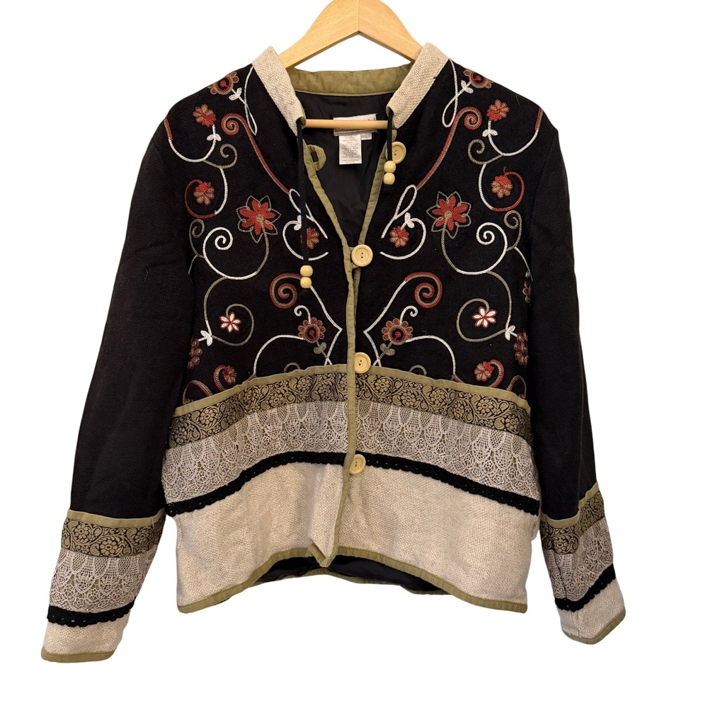 Coldwater Creek Embroidered Jacket Womens L Black Khaki Excellent Boho Lace Trim